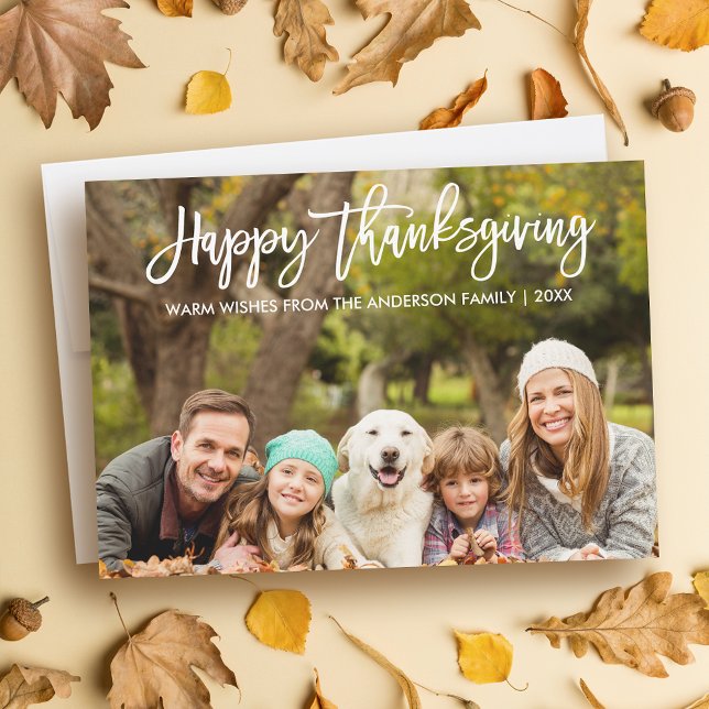 Modern Brush Script Thanksgiving Family Photo Holiday Card (Customize to add text or more photos to back of card.)