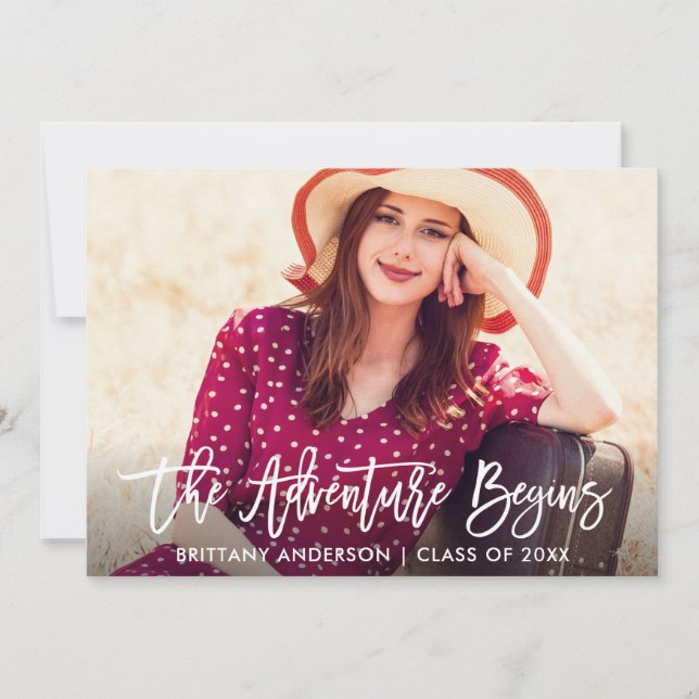 Modern Brush Script The Adventure Begins Graduate Announcement (Front)