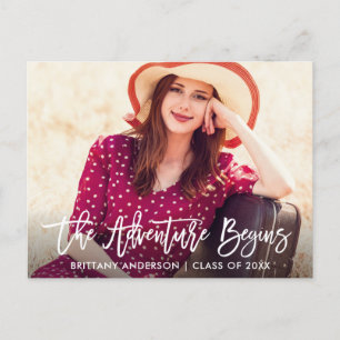 Modern Brush Script The Adventure Begins Graduate Postcard