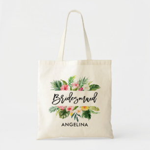 Modern Brush Script Tropical Bridesmaid Tote Bag