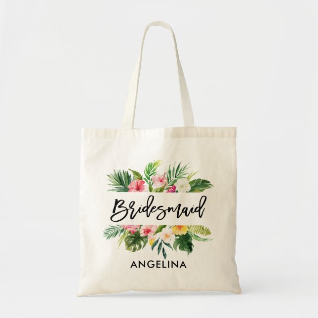 Modern Brush Script Tropical Bridesmaid Tote Bag (Front)