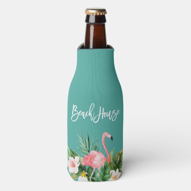 Modern Brush Script Tropical Floral Beach House Bottle Cooler (Bottle Front)