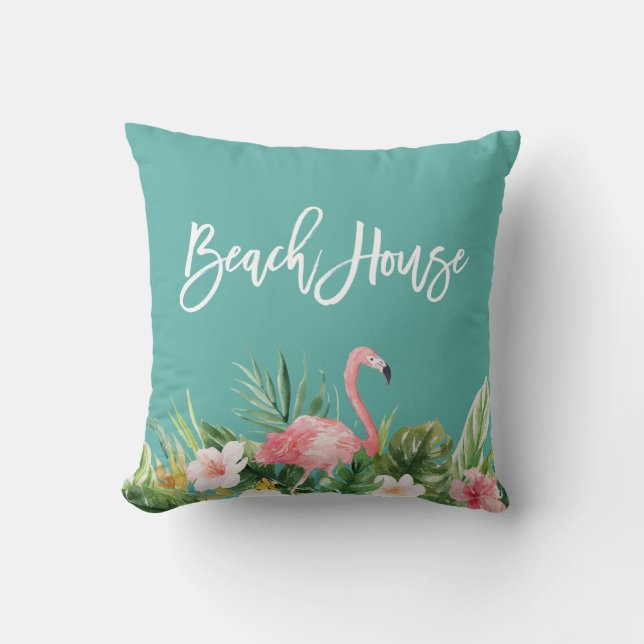 Modern Brush Script Tropical Floral Beach House Cushion (Front)