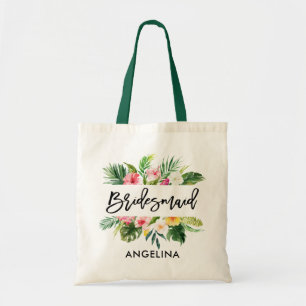 Modern Brush Script Tropical Green Bridesmaid Tote Bag