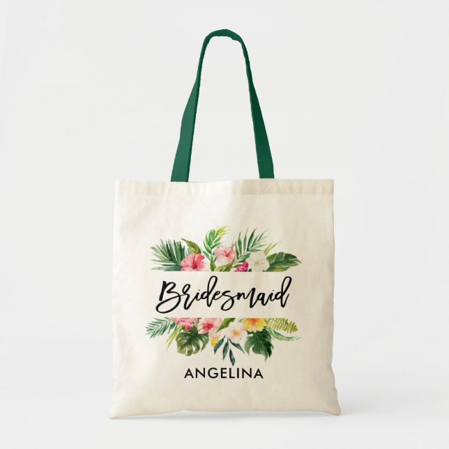 Modern Brush Script Tropical Green Bridesmaid Tote Bag (Front)