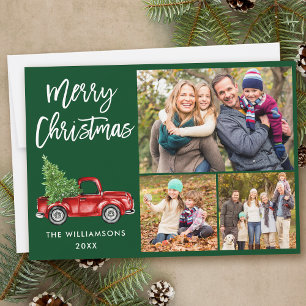 Modern Brush Script Truck 3 Photo Christmas Green Holiday Card