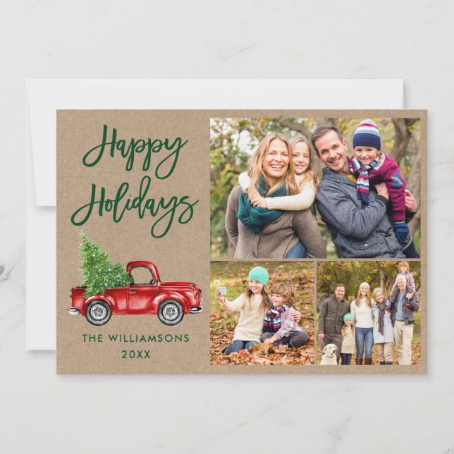 Modern Brush Script Truck 3 Photo Kraft Holiday Card (Front)