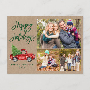 Modern Brush Script Truck 3 Photo Kraft Holiday Postcard