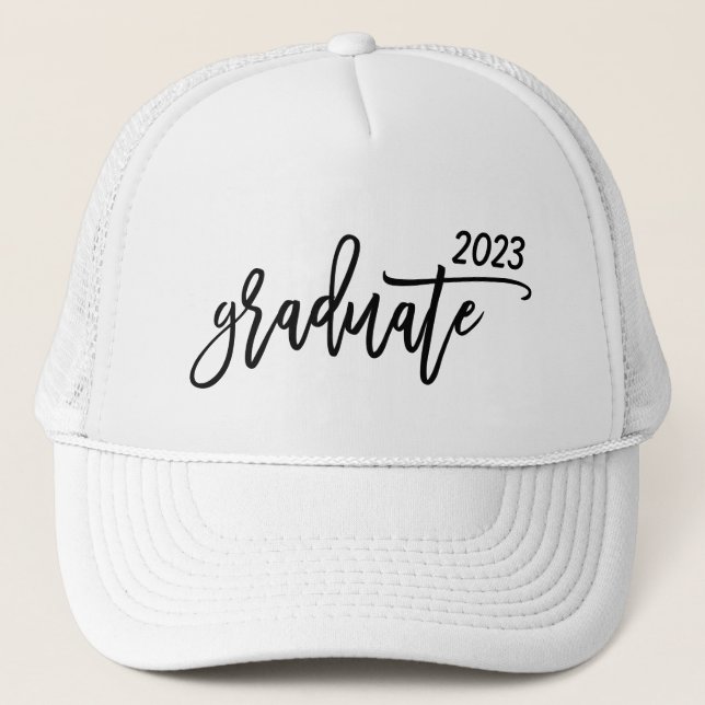 Modern Brush Script Typography Graduate Trucker Hat (Front)