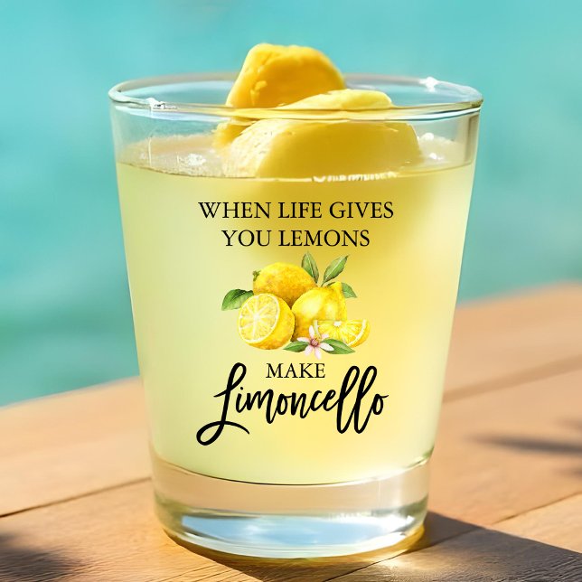 Modern Brush Script Watercolor Lemons Limoncello Shot Glass (Customize to change your personalized text size or text style.)