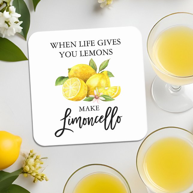 Modern Brush Script Watercolor Lemons Limoncello Square Paper Coaster (Customize to change your personalized text size or text style.)