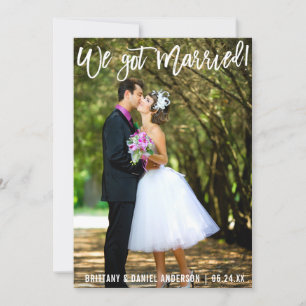 Modern Brush Script We Got Married Couple Photo Announcement