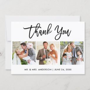 Modern Brush Script Wedding 3 Photo Thank You Card