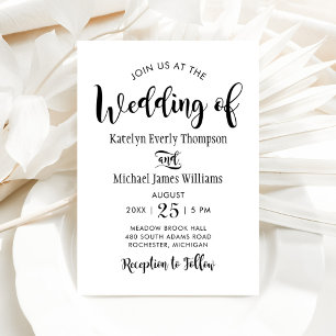 Modern Brush Script Wedding Black and White Invitation