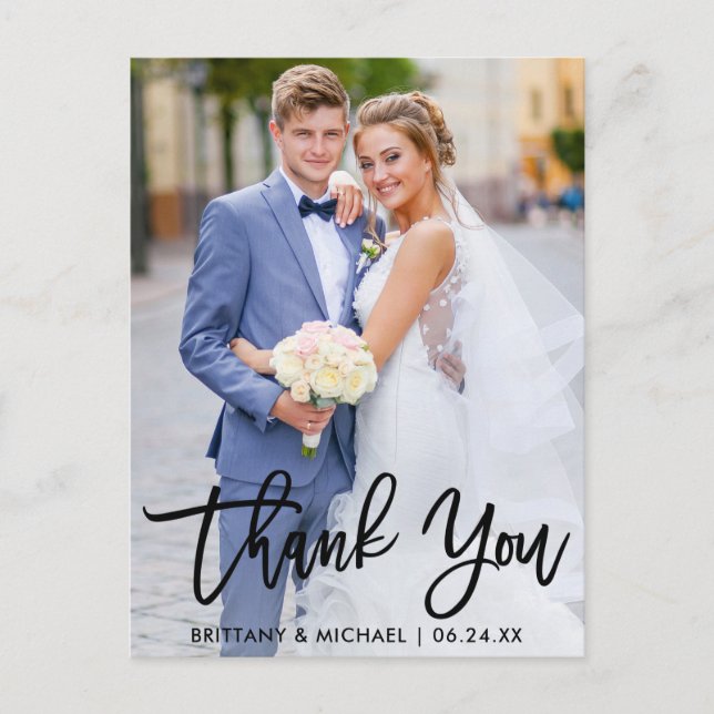 Modern Brush Script Wedding Couple Photo Thank You Postcard (Front)