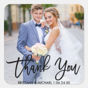 Modern Brush Script Wedding Couple Photo Thank You Square Sticker
