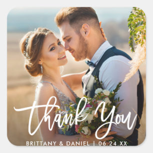 Modern Brush Script Wedding Couple Thank You W Square Sticker