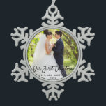 Modern Brush Script Wedding Our First Christmas Snowflake Pewter Christmas Ornament<br><div class="desc">Modern Brush Script Our First Christmas Wedding Photo Ornament</div>