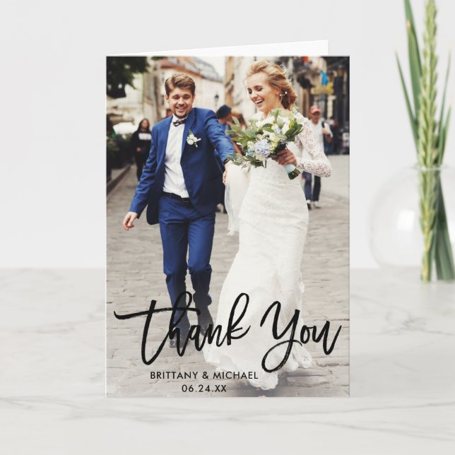 Modern Brush Script | Wedding Photo Fold Thank You Card (Front)