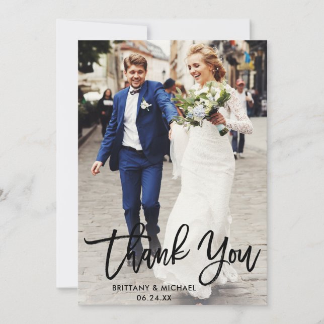 Modern Brush Script | Wedding Photo Thank You Card (Front)