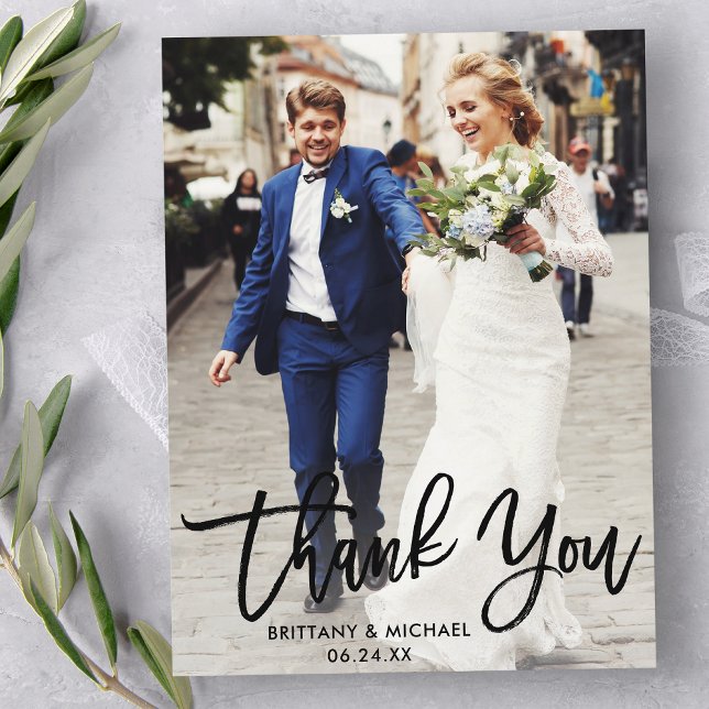 Modern Brush Script | Wedding Photo Thank You Postcard (Customize to change your personalized text size or text style.)