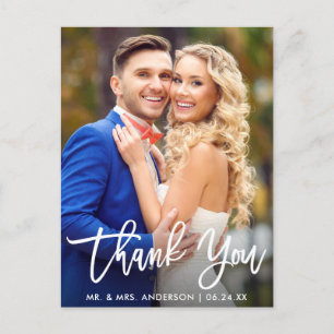 Modern Brush Script Wedding Photo Thank You Postcard