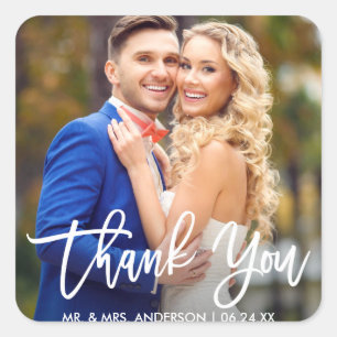 Modern Brush Script Wedding Photo Thank You Square Sticker