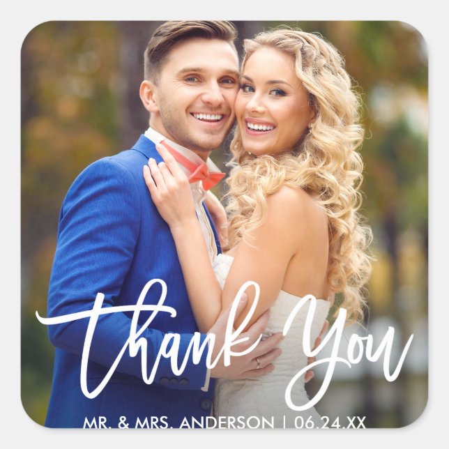 Modern Brush Script Wedding Photo Thank You Square Sticker (Front)