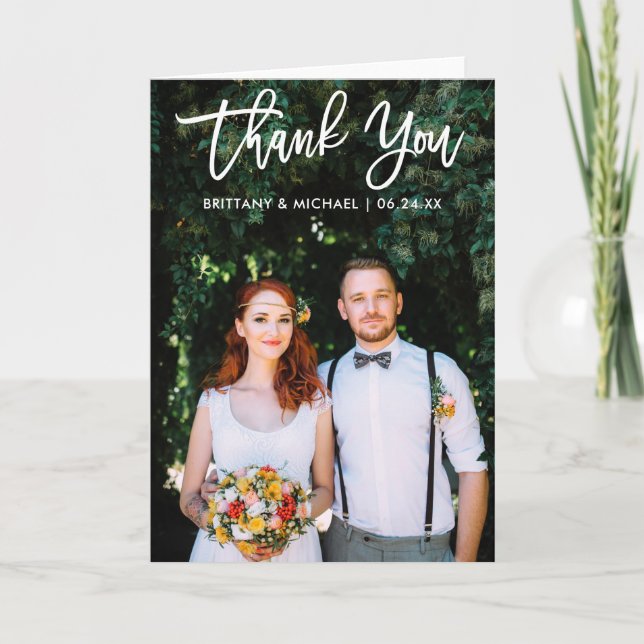 Modern Brush Script Wedding Photo Thank You W Fold Card (Front)