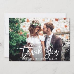 Modern Brush Script Wedding Photo Wht Thank You Card