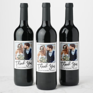 Modern Brush Script Wedding Thank You Couple Photo Wine Label
