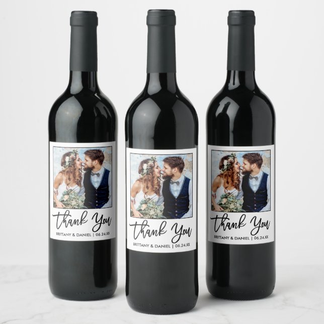 Modern Brush Script Wedding Thank You Couple Photo Wine Label (Bottles)