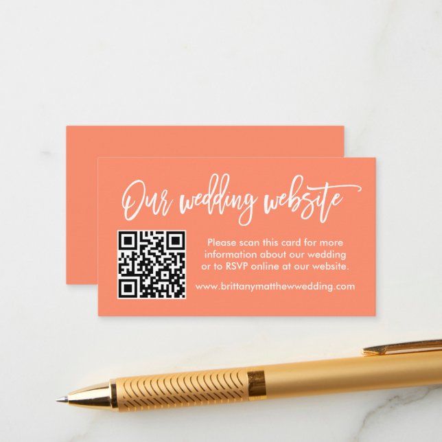 Modern Brush Script Wedding Website QR Coral Enclosure Card (Front/Back In Situ)