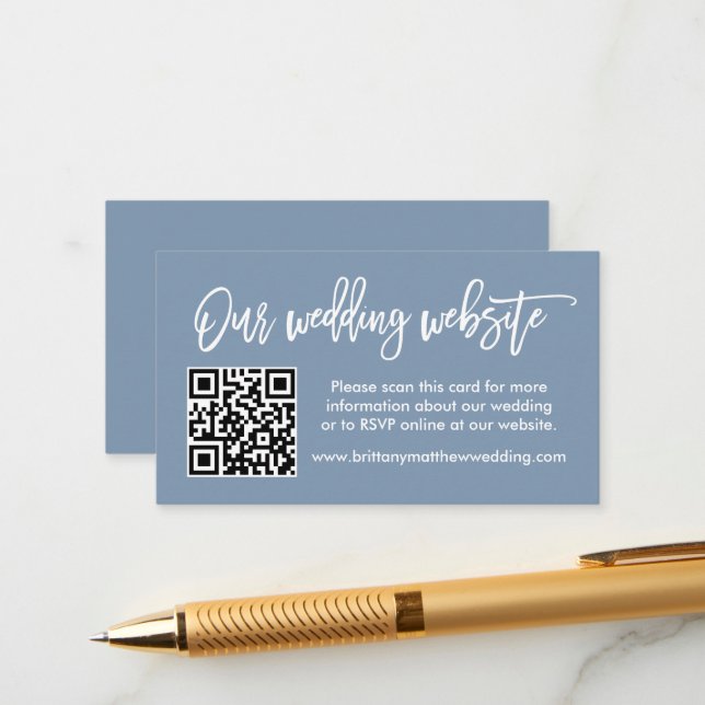 Modern Brush Script Wedding Website QR Dusty Blue Enclosure Card (Front/Back In Situ)