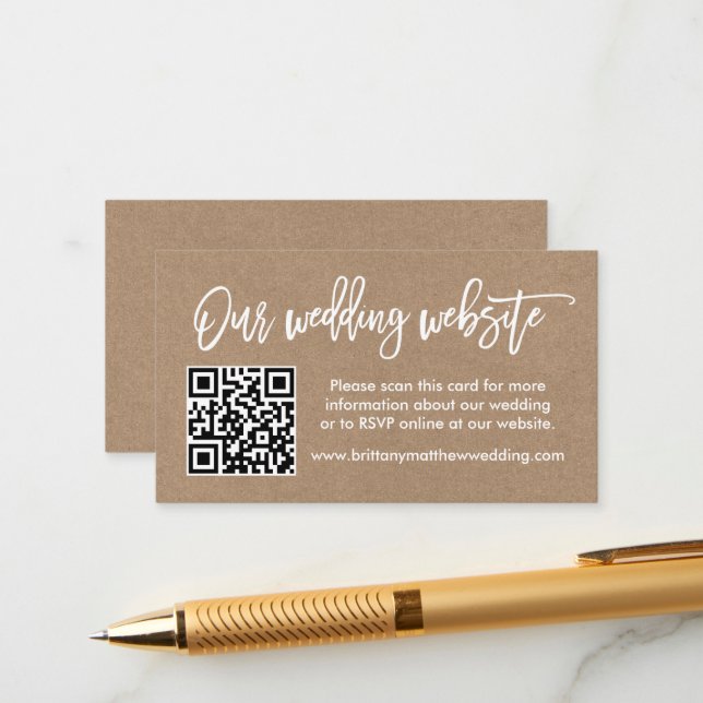 Modern Brush Script Wedding Website QR Kraft Enclosure Card (Front/Back In Situ)