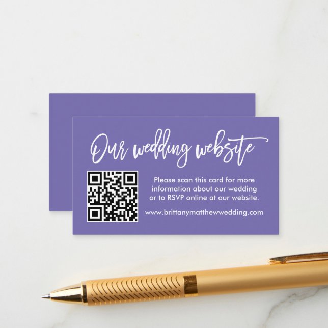 Modern Brush Script Wedding Website QR Periwinkle Enclosure Card (Front/Back In Situ)