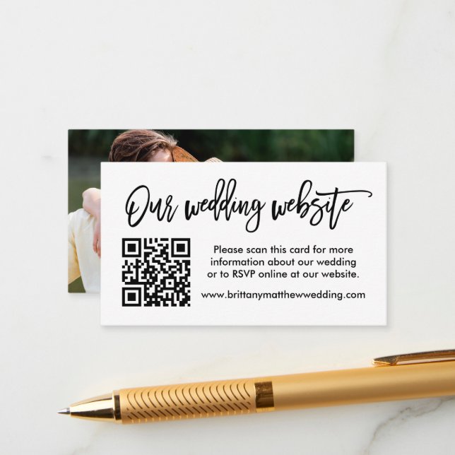Modern Brush Script Wedding Website QR Photo  Enclosure Card (Front/Back In Situ)