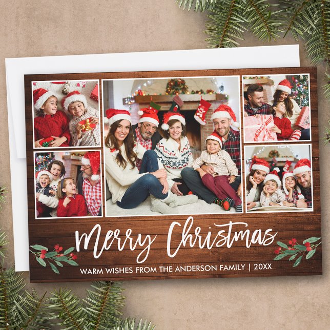 Modern Brush Script Wood 5 Photo Family Christmas Holiday Card (Customize to add text or more photos to back of card.)