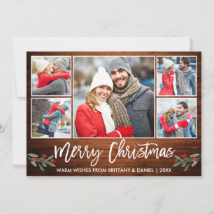 Modern Brush Script Wood 5 Photo Merry Christmas Holiday Card