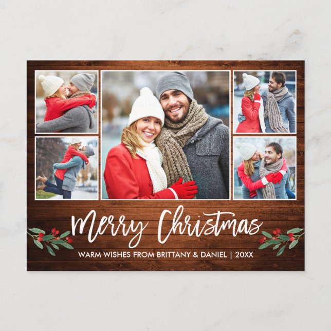 Modern Brush Script Wood 5 Photo Merry Christmas Postcard (Front)