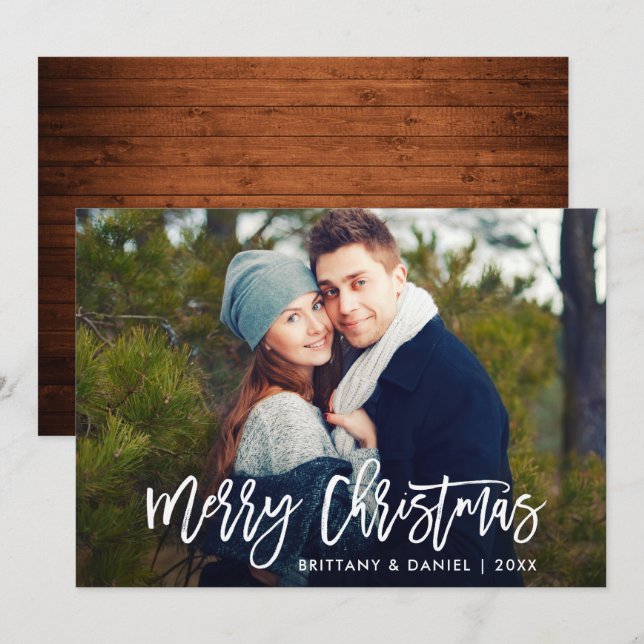 Modern Brush Script Wood Christmas Photo Card (Front/Back)