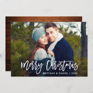 Modern Brush Script Wood Christmas Photo Card