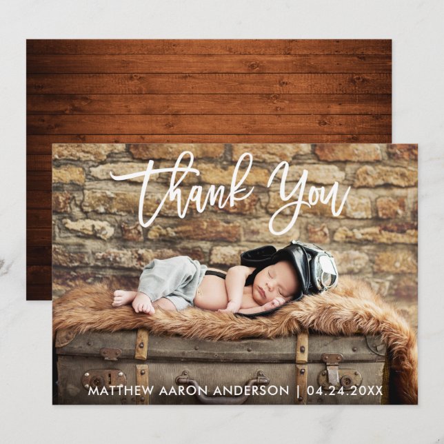 Modern Brush Script Wood New Baby Thank You Card (Front/Back)
