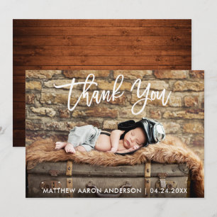 Modern Brush Script Wood New Baby Thank You Card