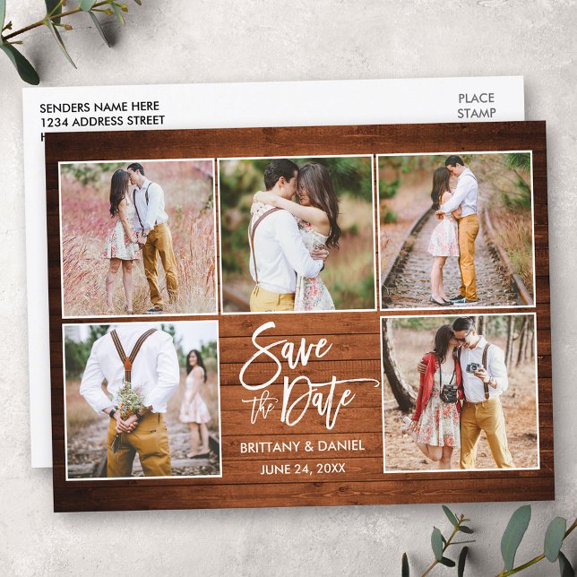 Modern Brush Script Wood Save The Date 5 Photo Postcard (Customize to change your personalized text size or text style.)