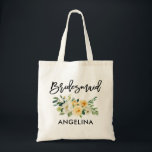 Modern Brush Script Yellow White Floral Bridesmaid Tote Bag<br><div class="desc">Modern Trendy Brush Script Watercolor Yellow White Floral Bridesmaid Tote Bag</div>