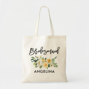 Modern Brush Script Yellow White Floral Bridesmaid Tote Bag