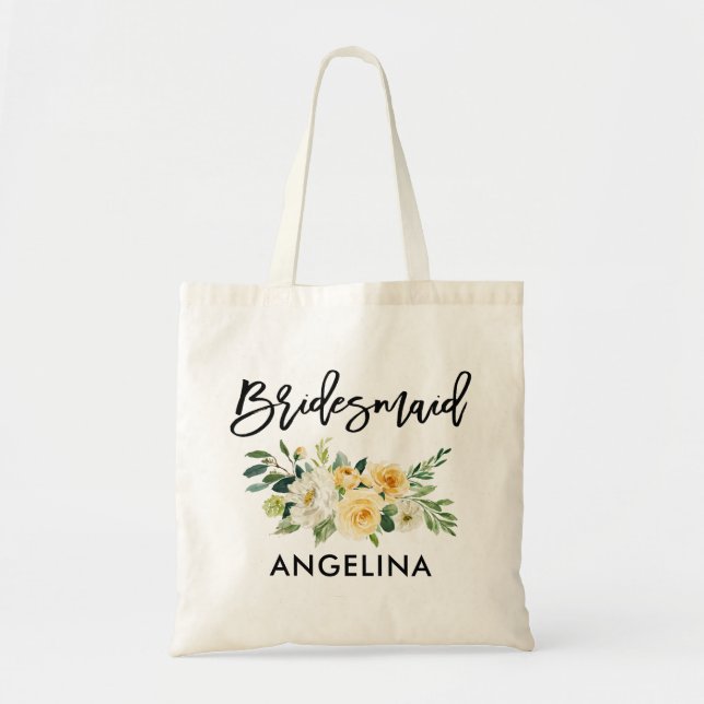 Modern Brush Script Yellow White Floral Bridesmaid Tote Bag (Front)
