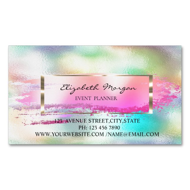 Modern Brush Stroke Frame Rainbow Holographic Magnetic Business Card (Front)