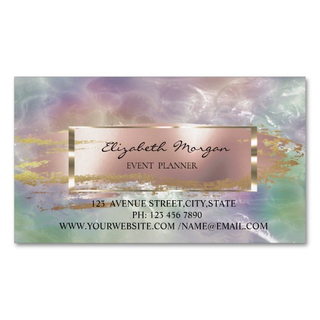 Modern Brush Stroke,Gold Frame Holographic Pearl Magnetic Business Card (Front)